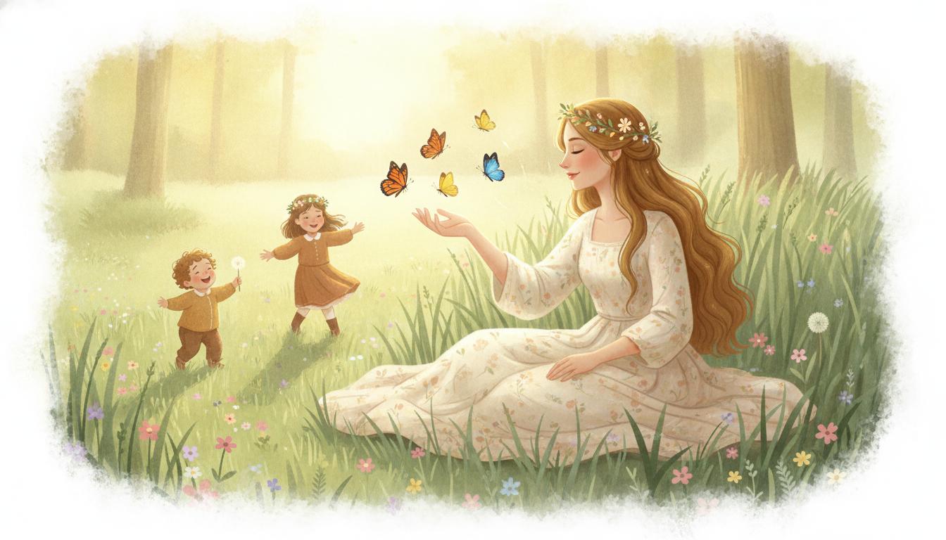 Illustration einer fuersorglichen Frau mit Blumen im Haar, die mit zwei Kindern und bunten Schmetterlingen in einer sonnigen Wiese sitzt &ndash; symbolisiert die liebevolle Kinderbetreuung von Sabine in Ingolstadt